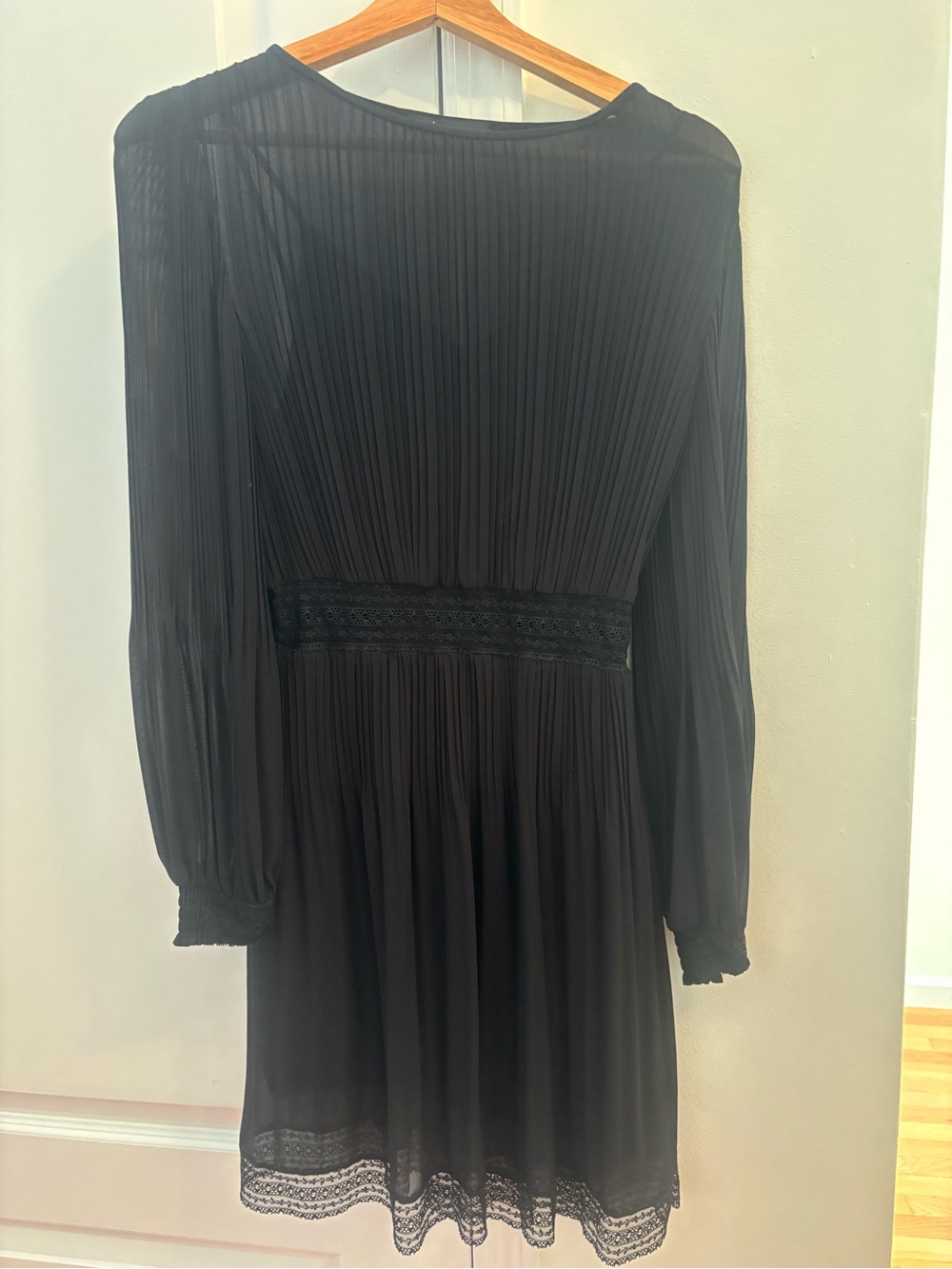 Maje Black Long-Sleeve Pleated Lace-Trim Dress